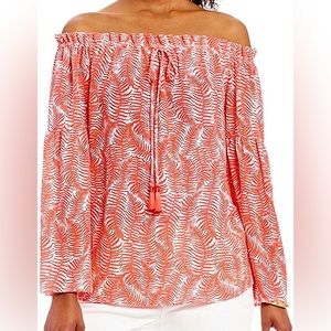 Michael Kors Off-Shoulder Bell Sleeve Tassel Top